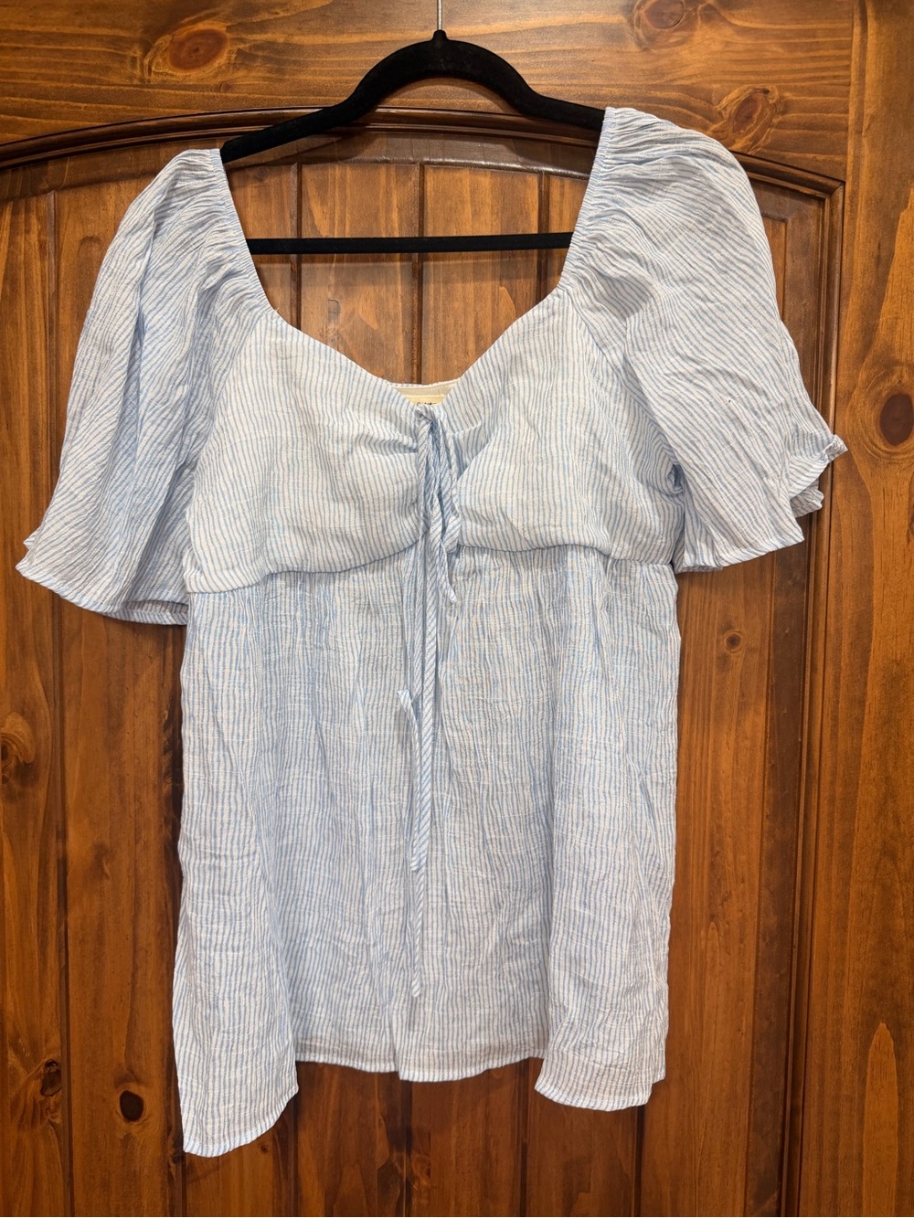 Light Blue Striped Puff-Sleeve Peasant Top with Tie Front